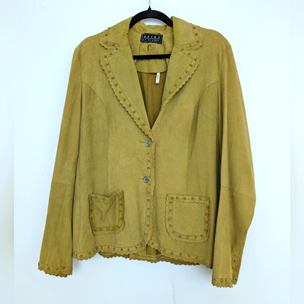 Skinz At Runway 100% Goat Suede Leather Tan Green Western Boho Jacket Sz L